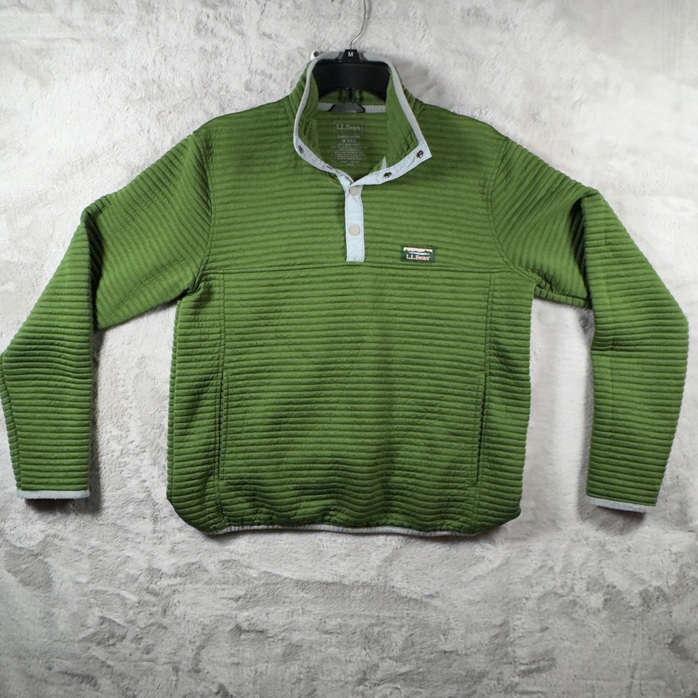 LL Bean Mens Green Quilted Snap Neck Pullover Ribbed Fleece Sweater 506874 M REG